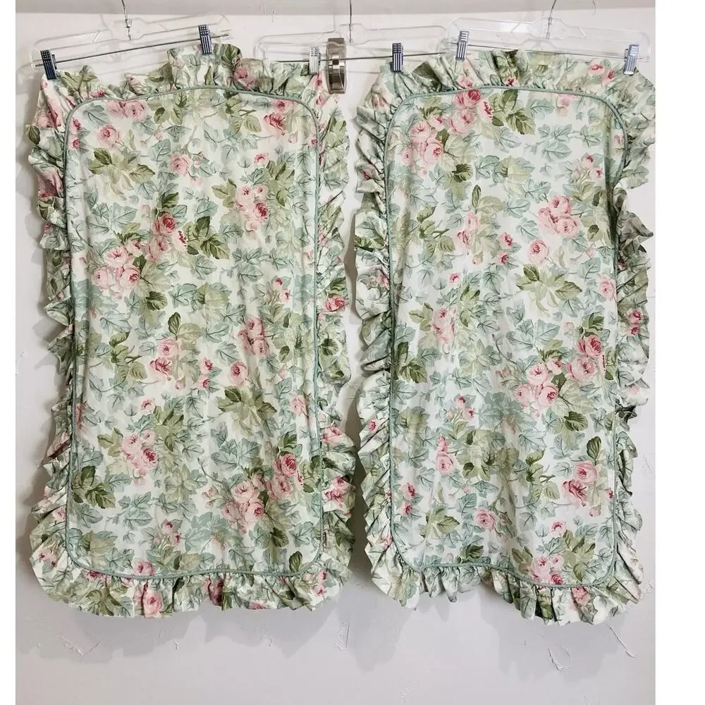 Vntge Laura Ashley KING Cottage Rose Set 2 Ruffled Pillow Shams Green Pink Cases